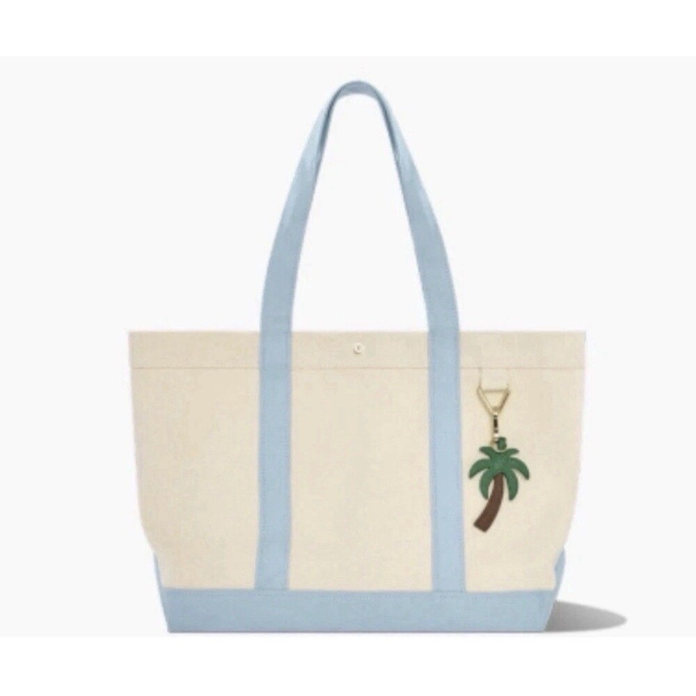 Bauble Bar “Away We Go” Cream Colored Cotton Canvas Tote w/ Palm Tree Charm New